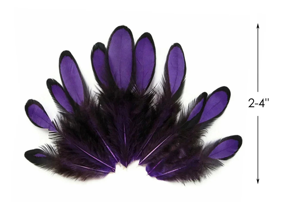 Vibrant purple feathers for crafts and fashion decor, 2-4 inches in length.