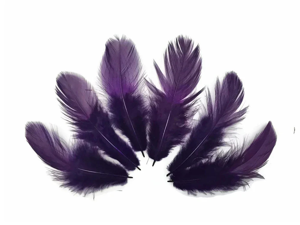 Vibrant purple craft feathers arranged in a fan shape on a white background.