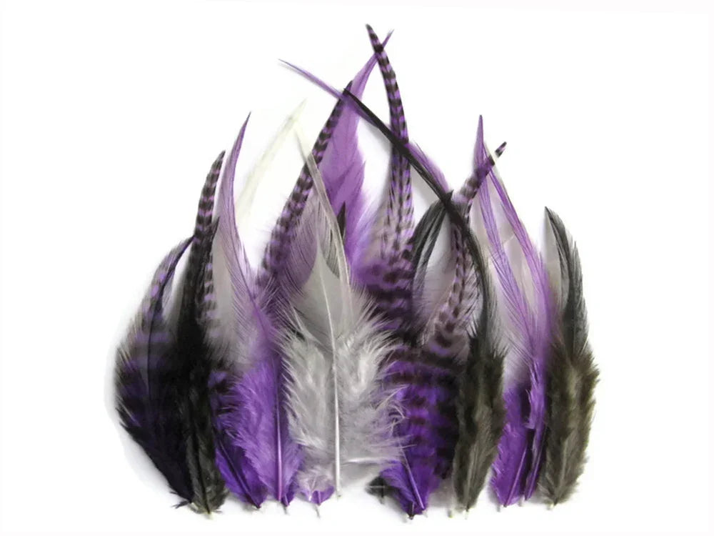 Assorted purple, white, and striped decorative feathers for crafts and fashion on a white background
