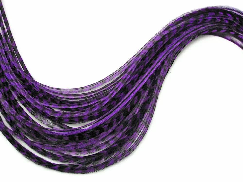 Vibrant purple and black patterned craft feathers for DIY fashion and décor accessories.