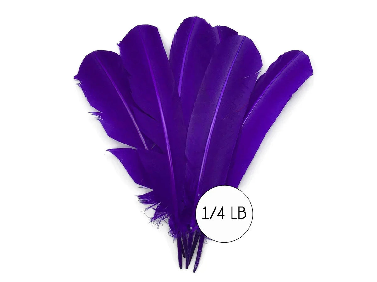 Bundle of vibrant purple craft feathers for DIY fashion and decor, 1/4 lb pack.