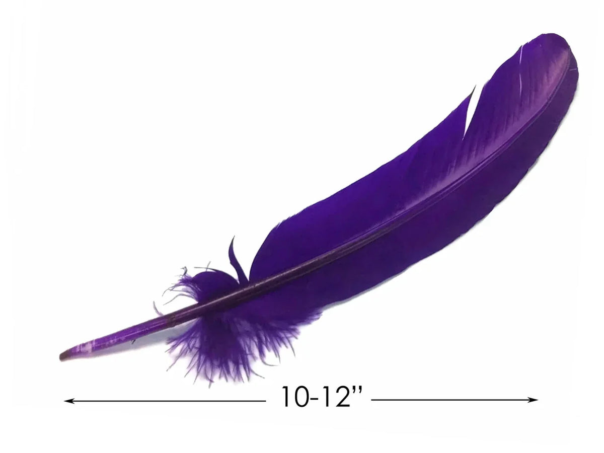 Single deep purple craft feather, 10-12 inches long, for DIY fashion and decor.