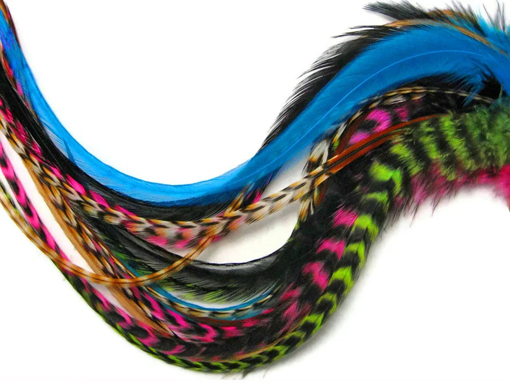 Vibrant assortment of colorful craft feathers in blue, pink, and patterned green.