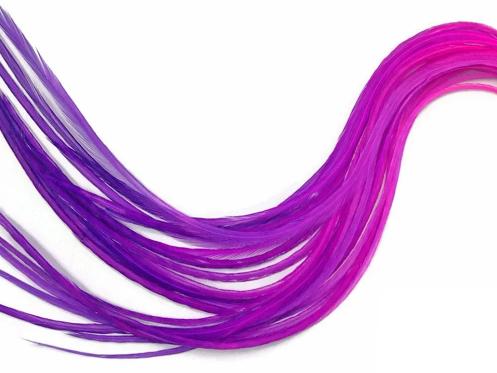 Vibrant purple and magenta dyed craft feathers for DIY fashion and decor.