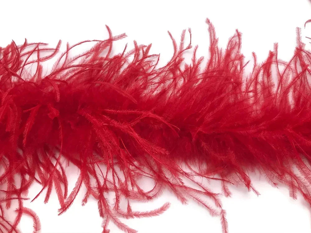 Vibrant red ostrich feather boa for fashion and craft DIY projects.