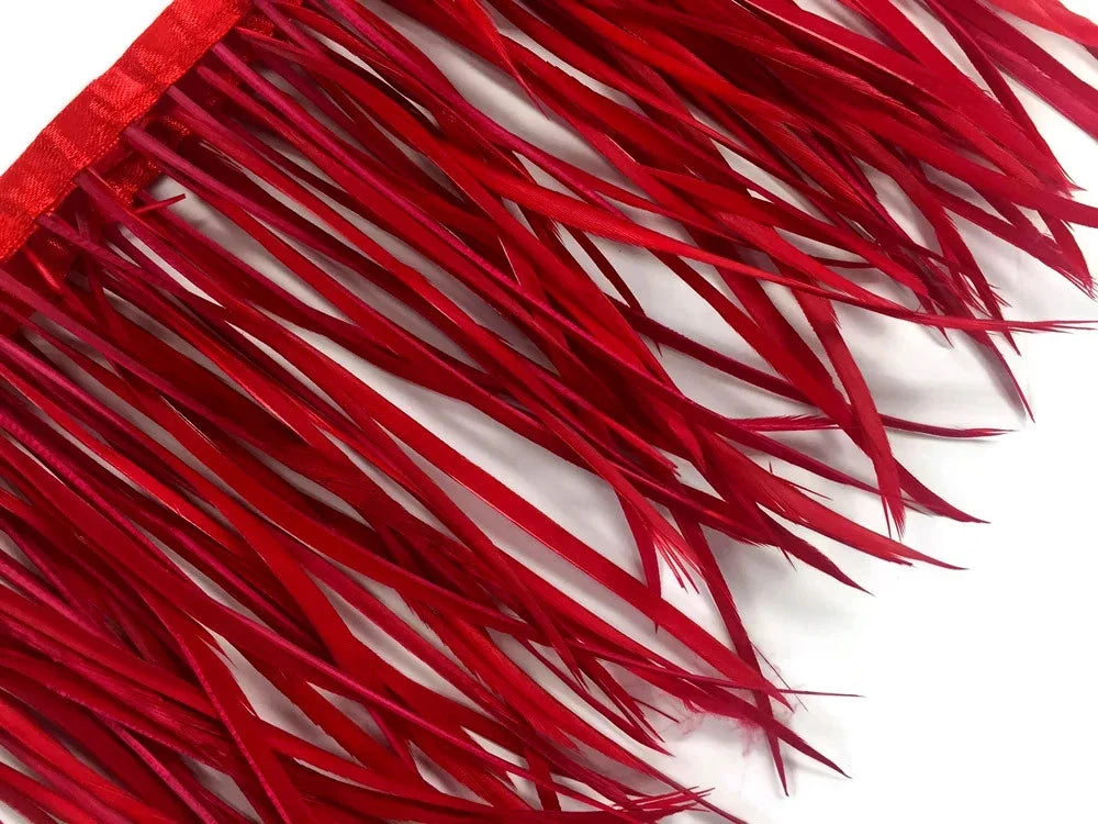 Vibrant red feather fringe trim for fashion and DIY craft accessories.