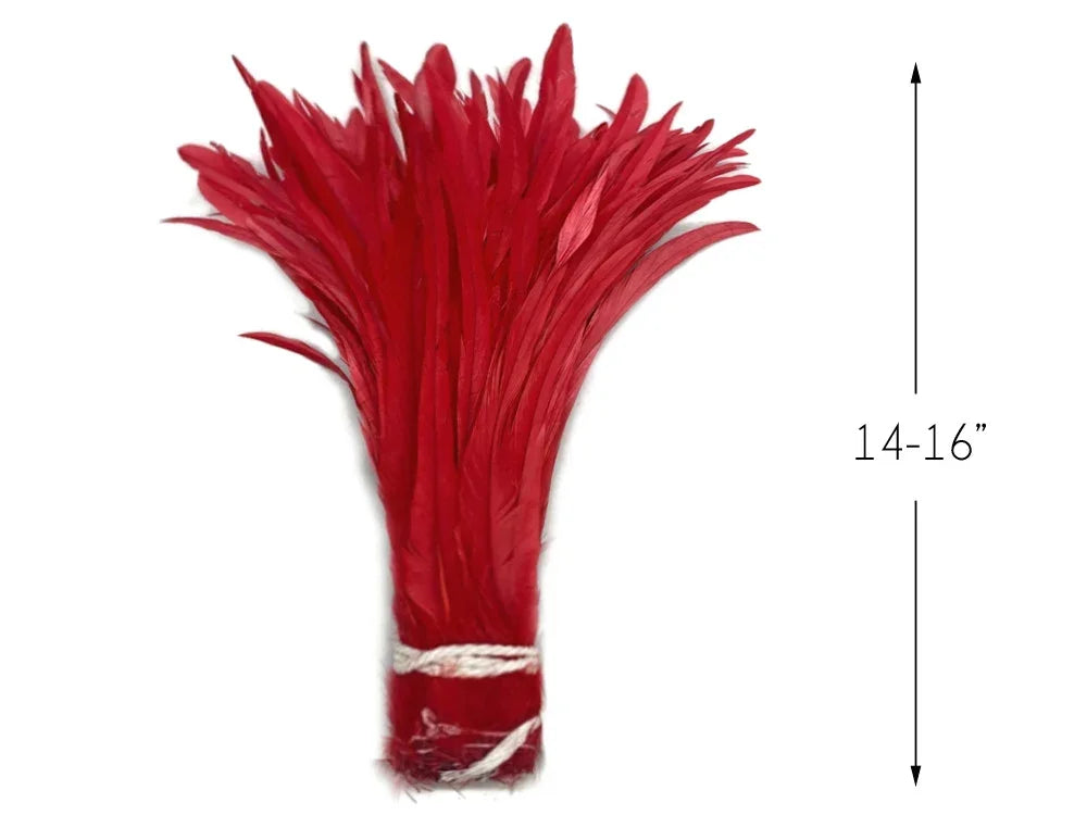 Bundle of vibrant red craft feathers, 14-16 inches long, for DIY fashion and decor.