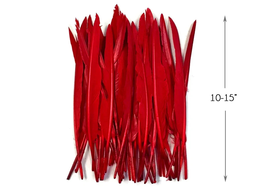 Bundle of vibrant red craft feathers, 10-15 inches long, for DIY fashion and decor.
