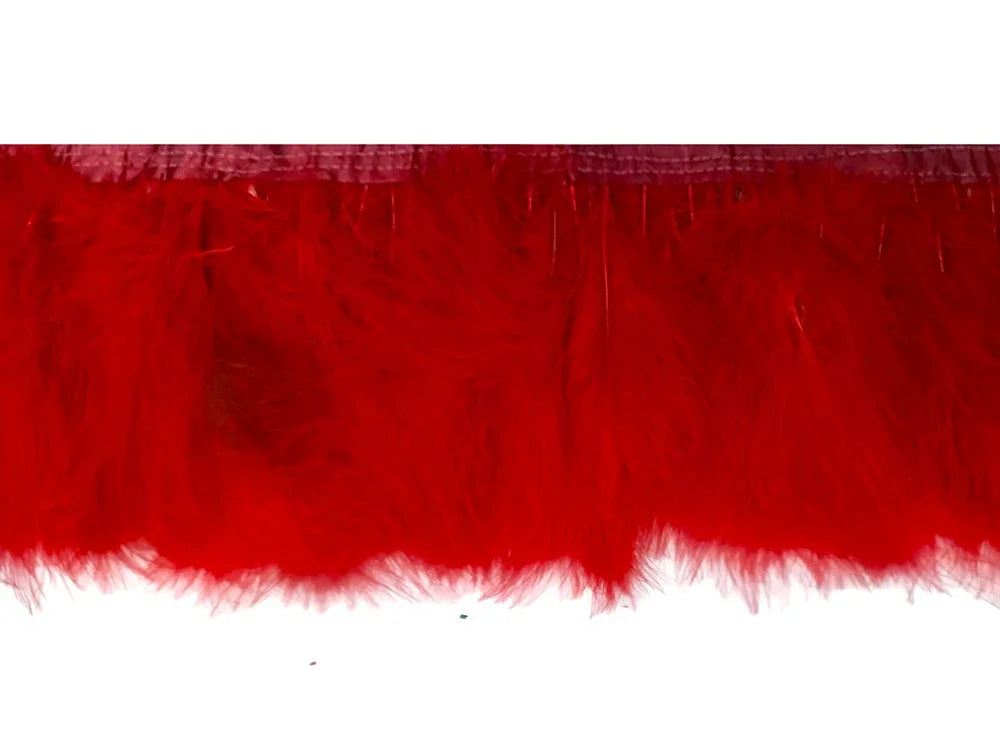 Vibrant red feather trim strip for DIY fashion and craft decorations.