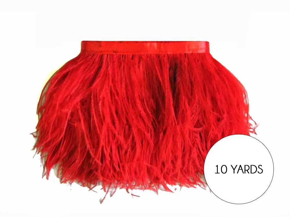 Vibrant red feather trim for fashion and DIY crafts, 10 yards roll.
