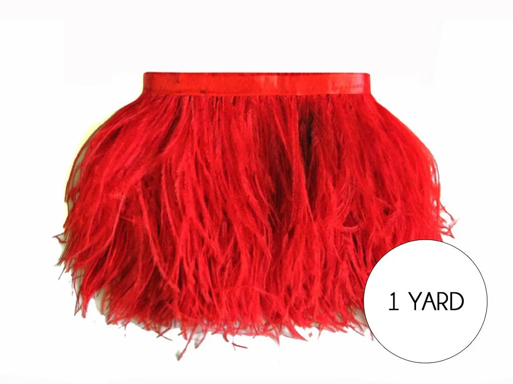 Vibrant red feather trim for fashion and DIY crafts, 1 yard length.