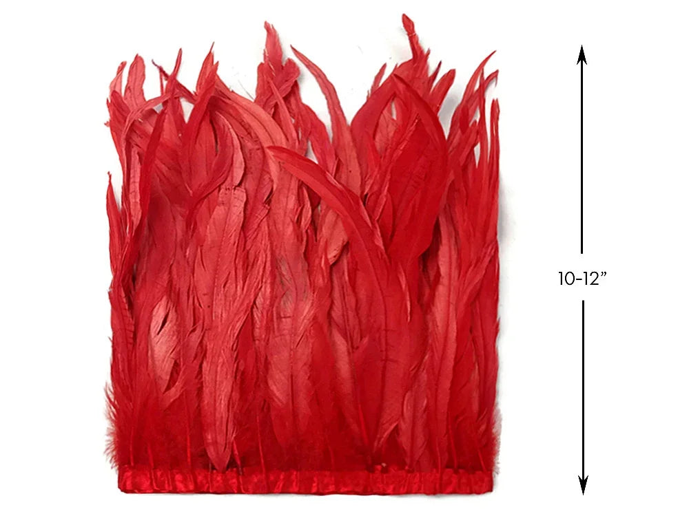 Vibrant red feather trim for crafts and fashion, 10-12 inches long.