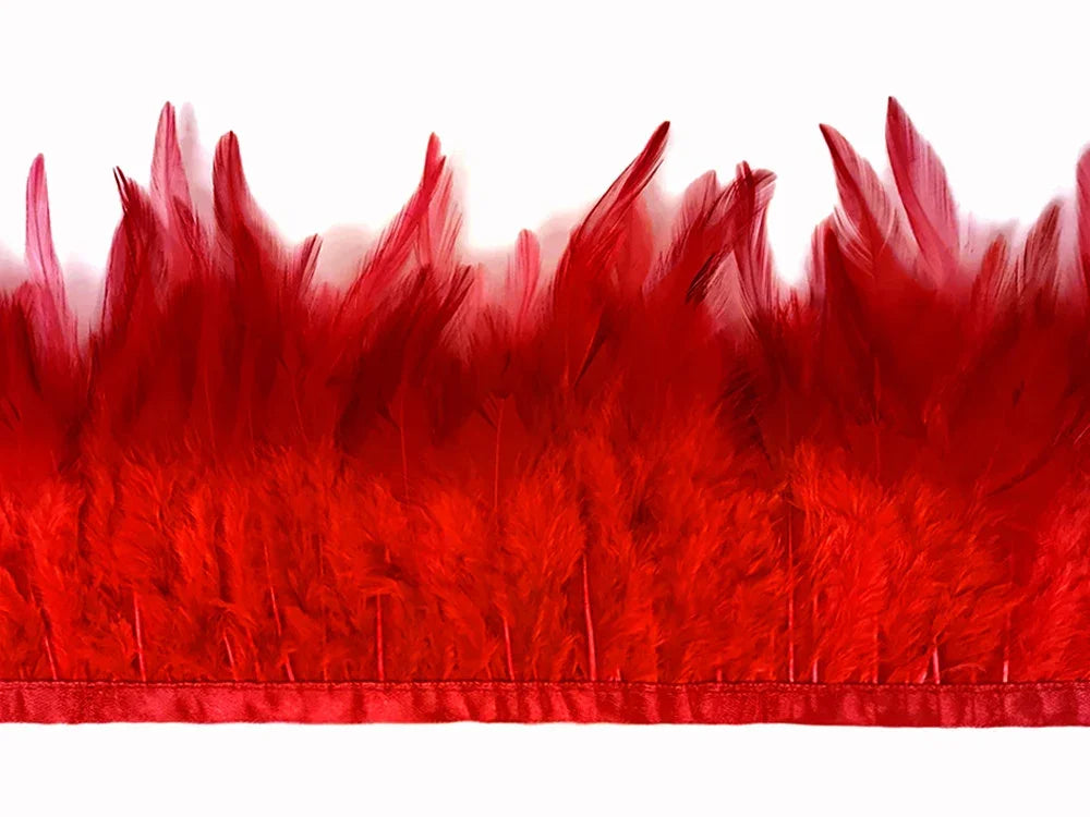 Vibrant red feather trim strip for DIY fashion and craft decorations.