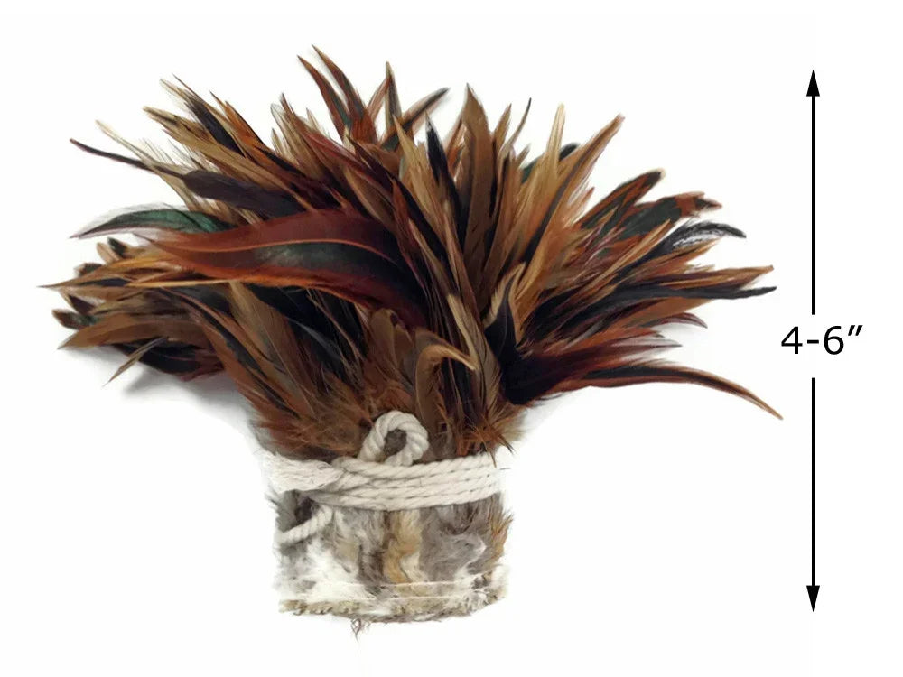 Bundle of natural brown and tan craft feathers tied with white twine, 4-6 inches.