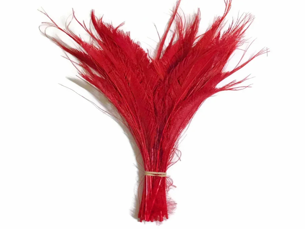 Bundle of vibrant red feathers for DIY crafts and fashion accessories.