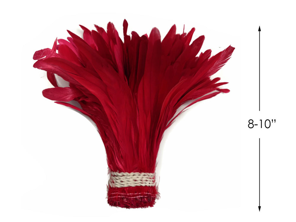 2.5 Inch Strip - 8-10" Red Strung Natural Bleach & Dyed Coque Tails Feathers