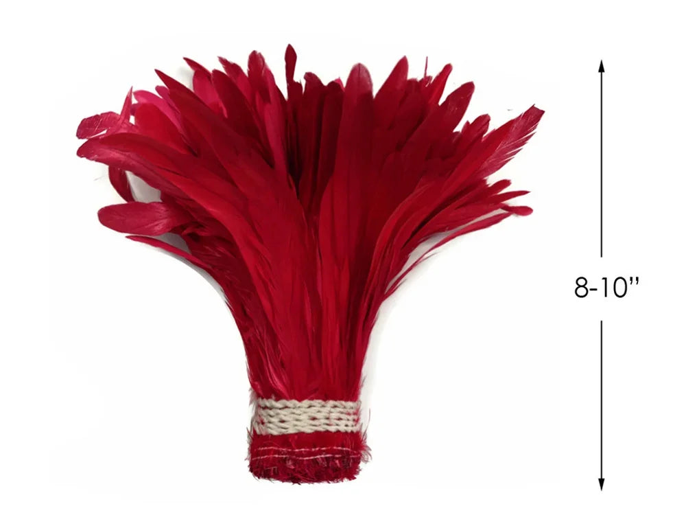 2.5 Inch Strip - 8-10" Red Strung Natural Bleach & Dyed Coque Tails Feathers