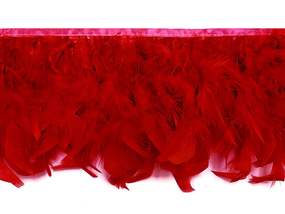 Vibrant red feather trim for fashion and DIY craft decorations.