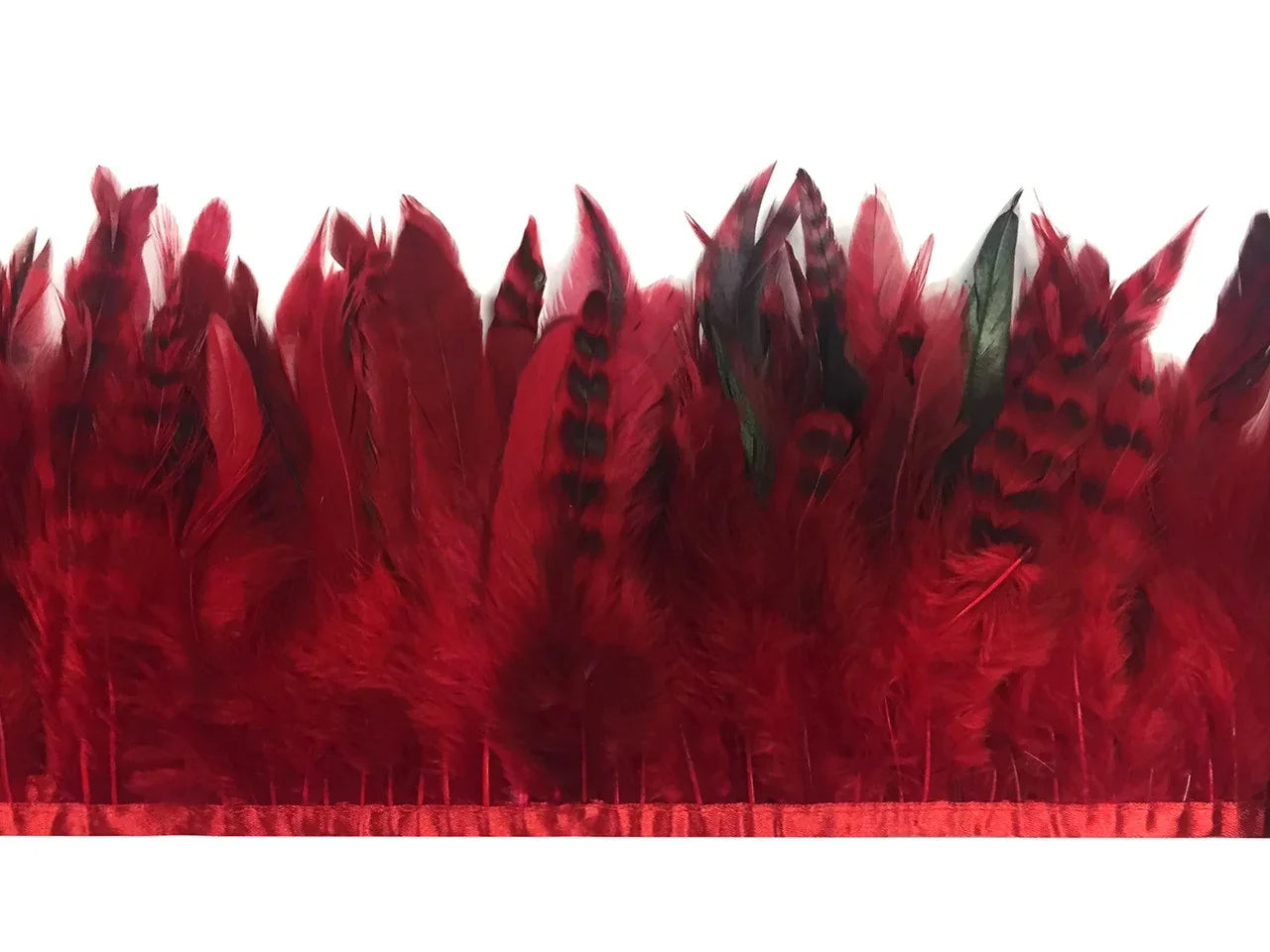 Vibrant red feather trim with dark patterned accents for fashion and DIY crafts.