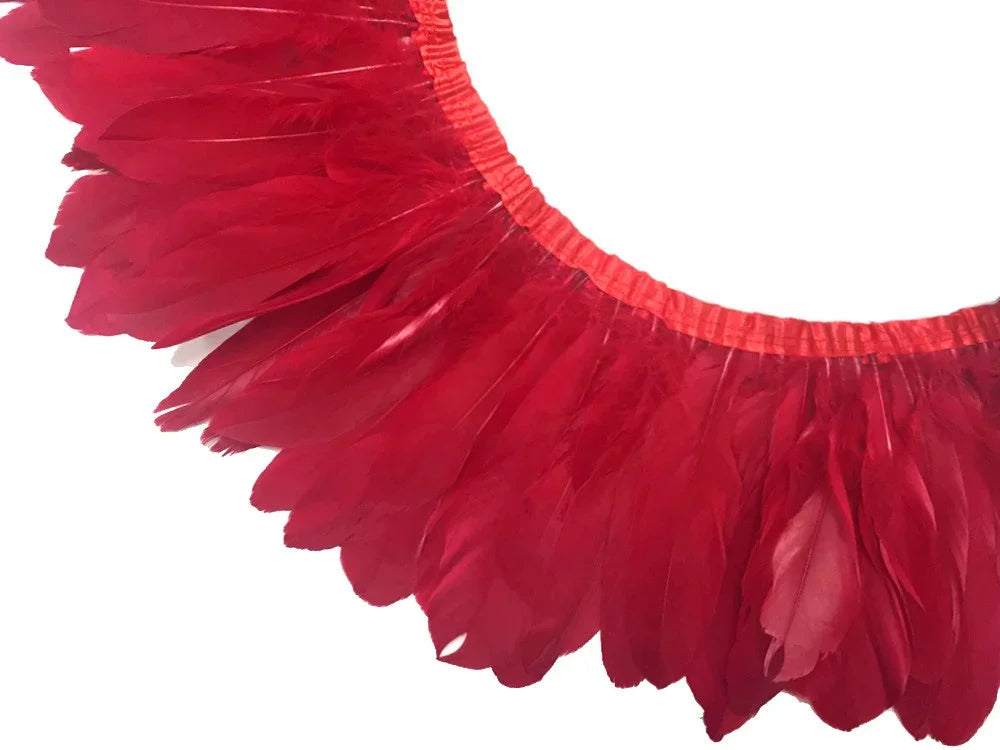 Vibrant red feather trim for DIY crafts, fashion, and costume decoration.