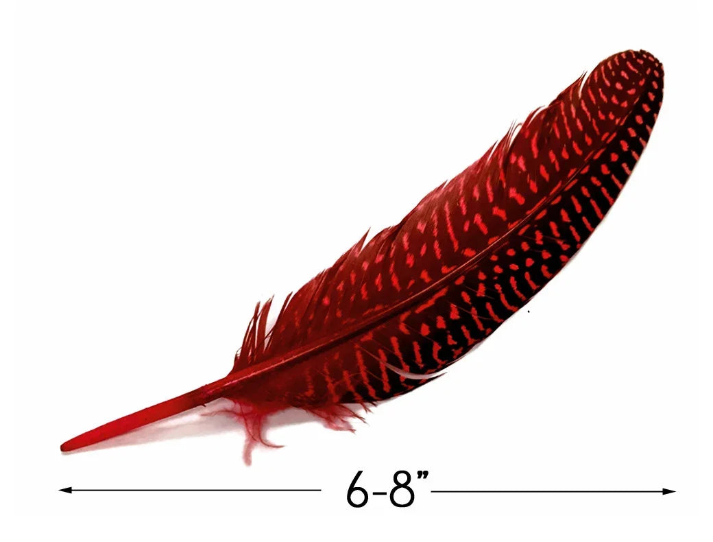 Red patterned craft feather, 6-8 inches long, for DIY fashion and decor.
