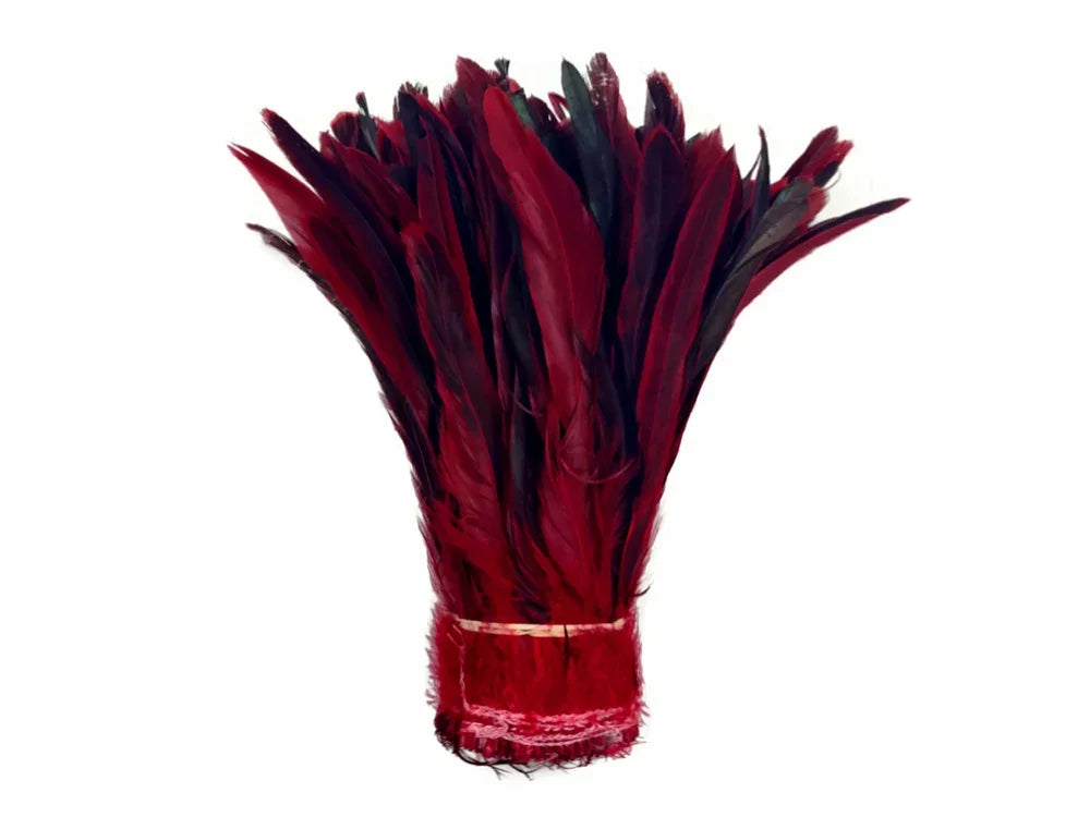 2.5 Inch Strip - 8-10" Red Half Bronze Natural Dyed Coque Tail Strung Feathers