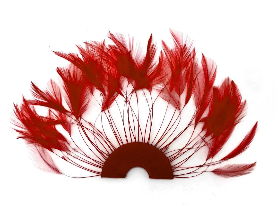 Vibrant red feathers arranged in a decorative fan shape for crafts and fashion DIY.