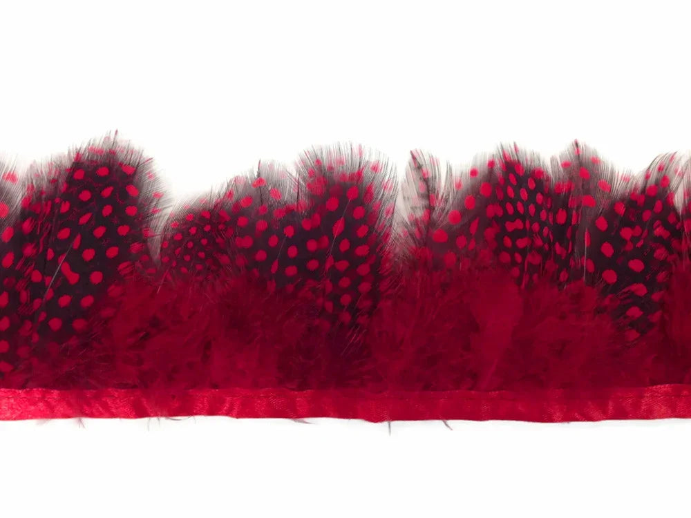Red spotted feather trim for fashion and DIY craft decorations.