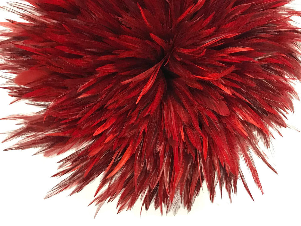 4 Inch Strip - 6-7" Red Dyed Over Natural Strung Chinese Rooster Saddle Feathers