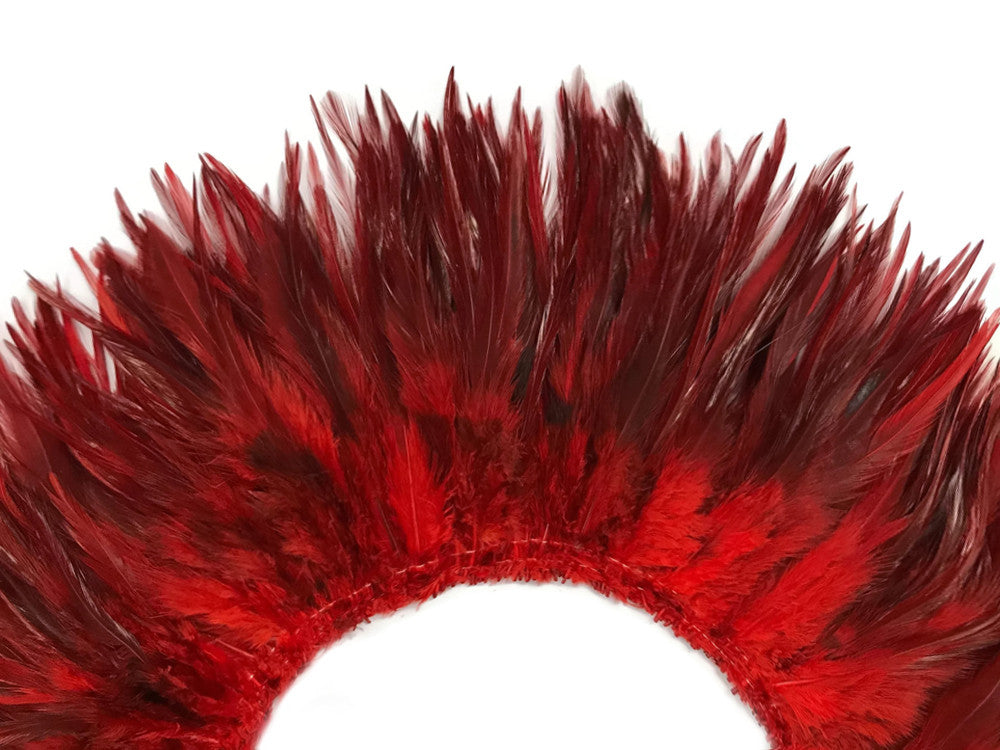 4 Inch Strip - 6-7" Red Dyed Over Natural Strung Chinese Rooster Saddle Feathers