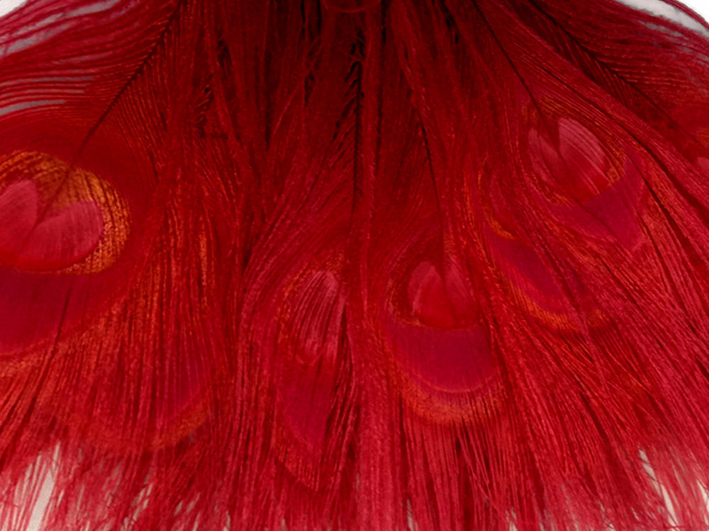 5 Pieces – Red Bleached & Dyed Peacock Tail Eye Feathers 10-12” Long