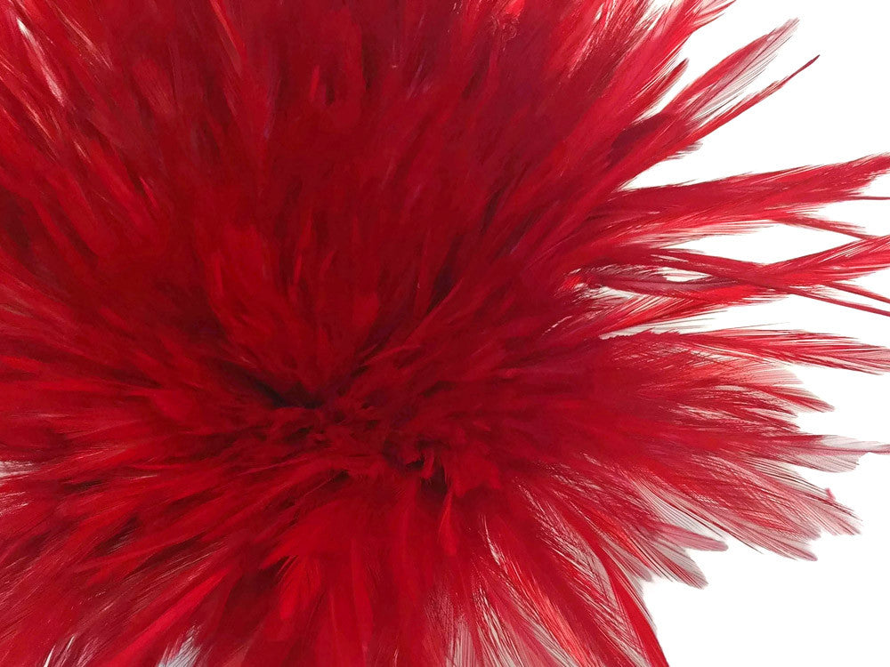 4 Inch Strip – 4-6” Dyed Red Strung Chinese Rooster Saddle Feathers