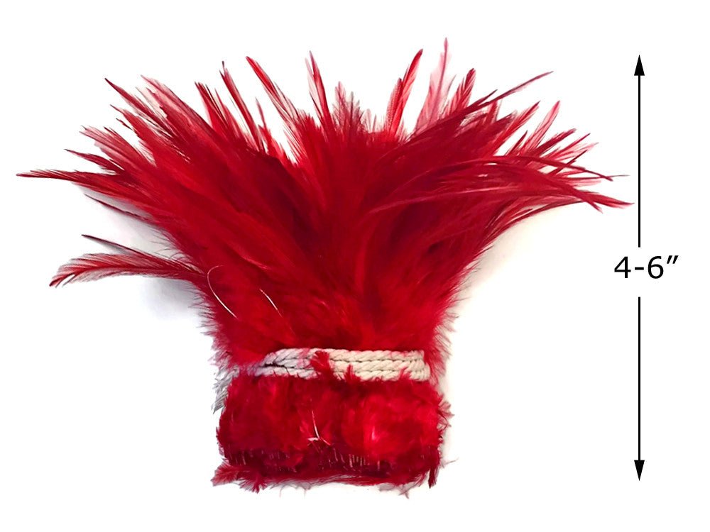 4 Inch Strip – 4-6” Dyed Red Strung Chinese Rooster Saddle Feathers