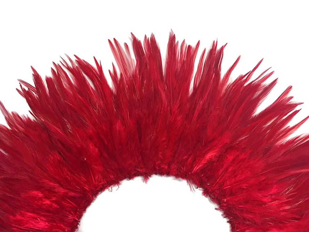 4 Inch Strip – 4-6” Dyed Red Strung Chinese Rooster Saddle Feathers