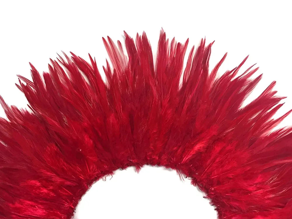 Vibrant red dyed feathers arranged in a decorative circular plume pattern.