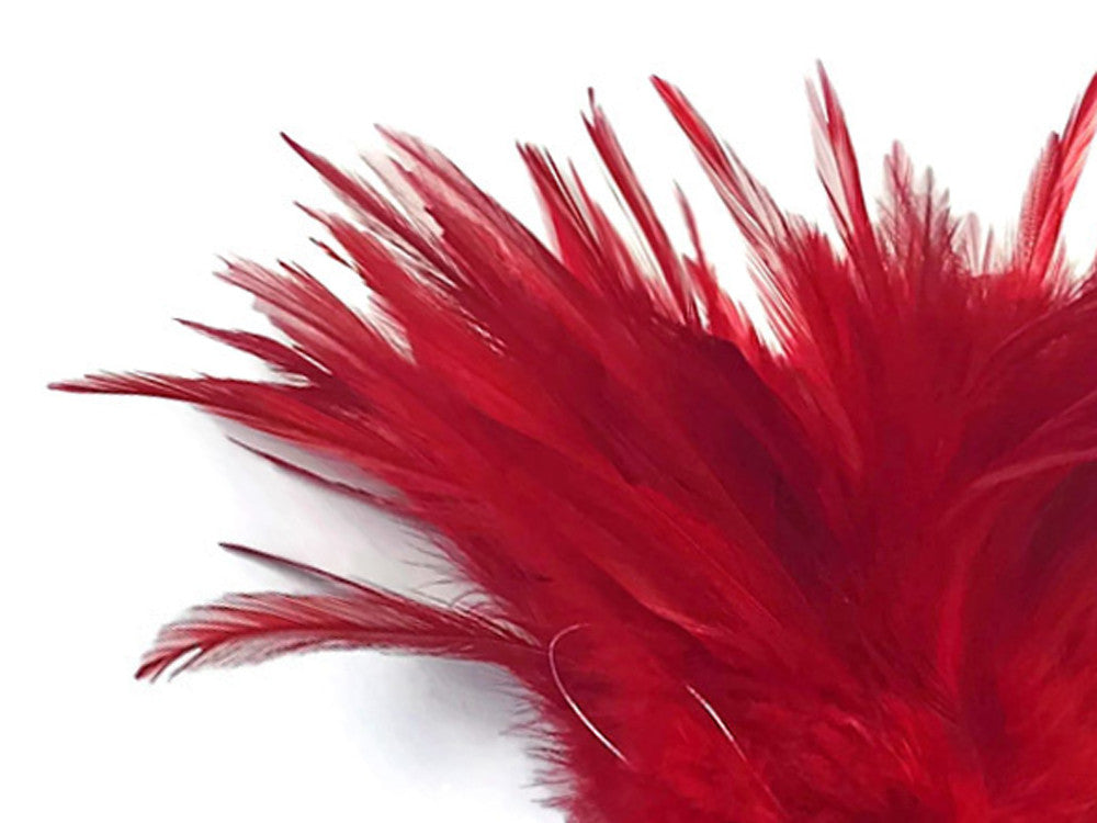 4 Inch Strip – 4-6” Dyed Red Strung Chinese Rooster Saddle Feathers
