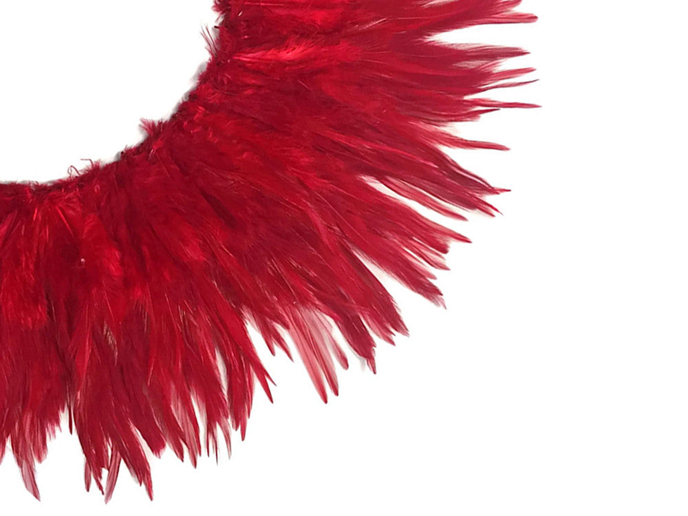 4 Inch Strip – 4-6” Dyed Red Strung Chinese Rooster Saddle Feathers
