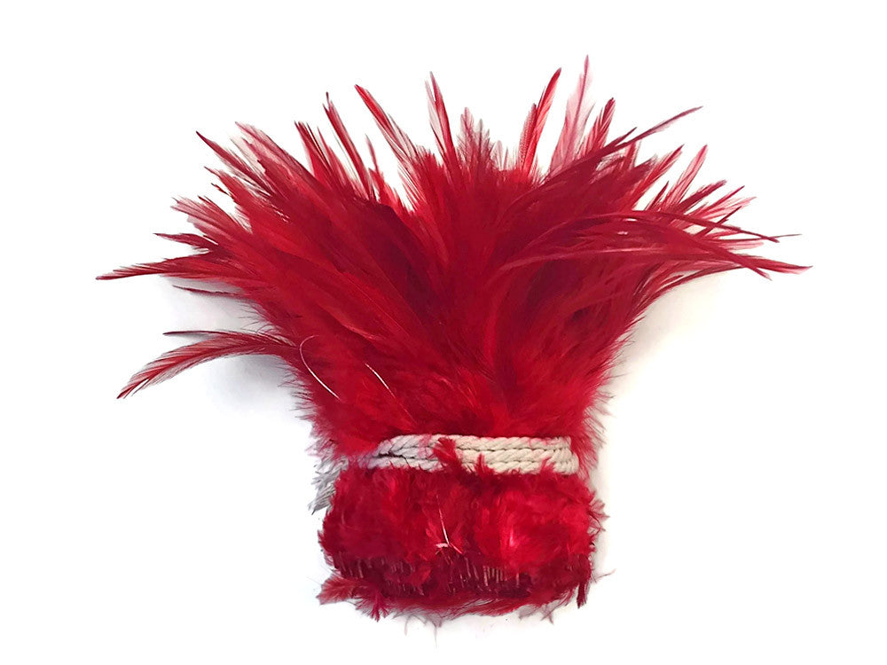 4 Inch Strip – 4-6” Dyed Red Strung Chinese Rooster Saddle Feathers