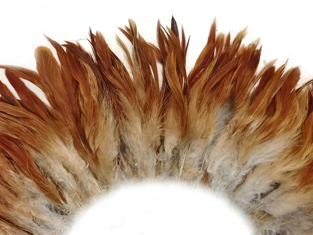 Natural brown and tan feathers arranged in a decorative fan shape for crafts and fashion.