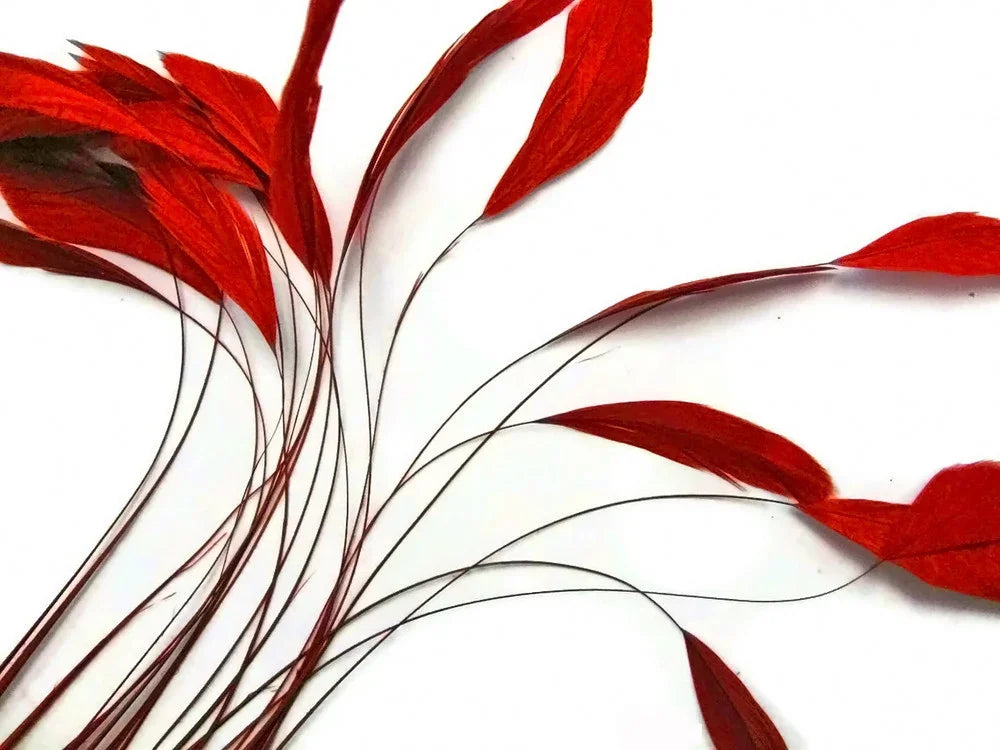 Vibrant red decorative feathers for DIY crafts and fashion accessories on a white background.