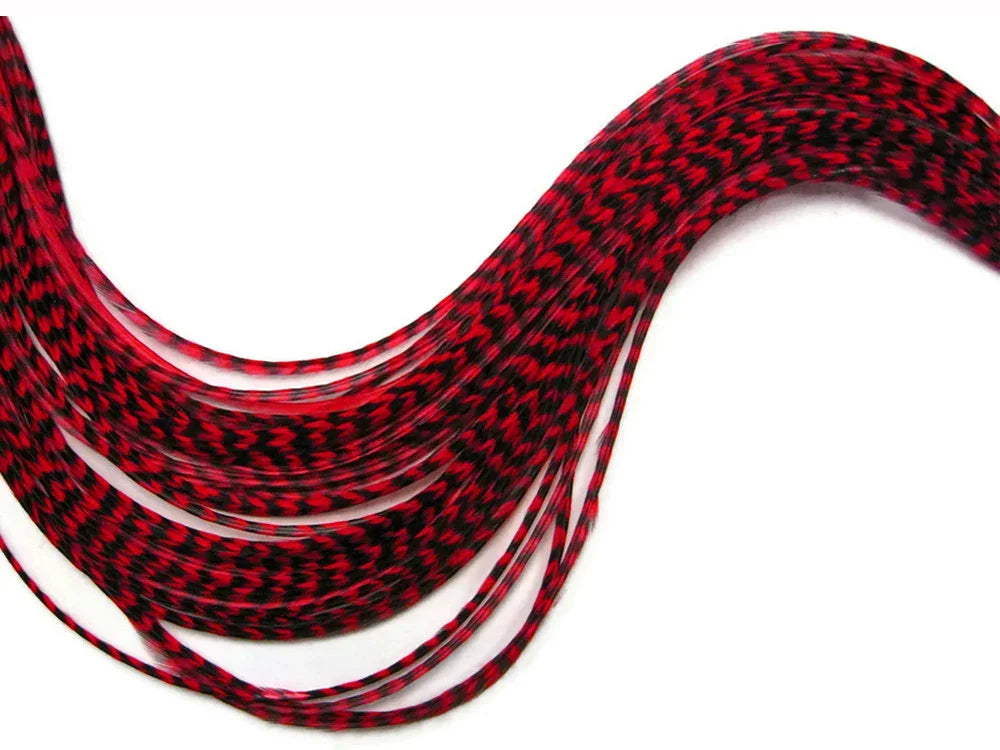 Red and black patterned decorative craft feathers for DIY fashion and decor.