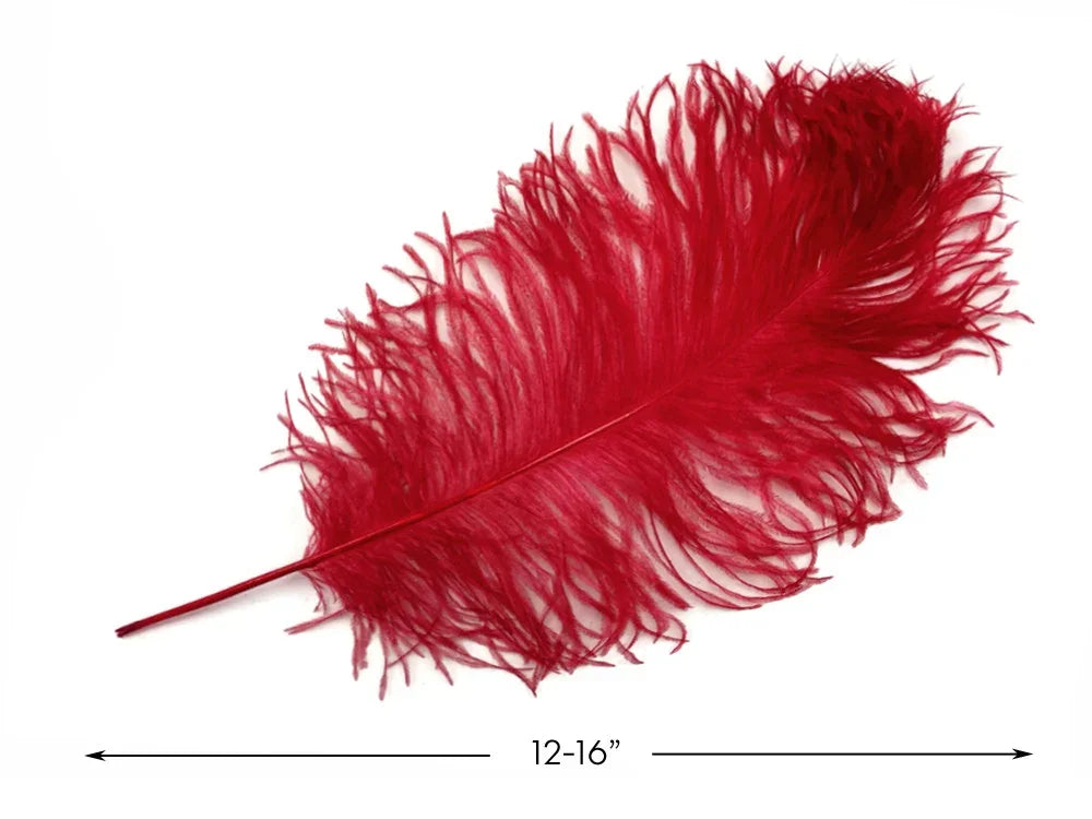 Vibrant red craft feather for DIY fashion and decor, 12-16 inches long.