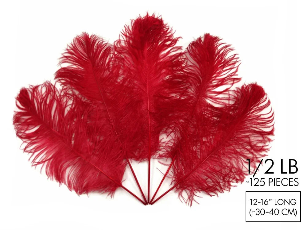 Red ostrich feathers for crafts and fashion, 12-16 inches long, 125 pieces pack.