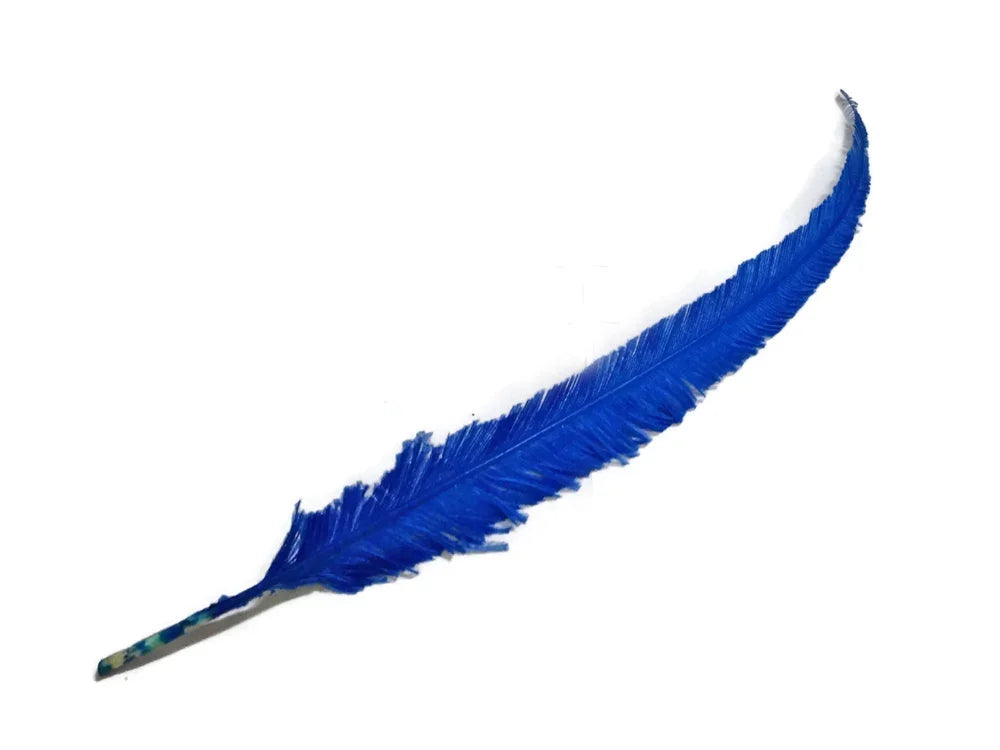 Vibrant cobalt blue craft feather for DIY fashion and decor projects.