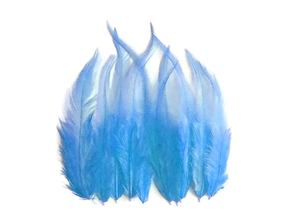 Vibrant light blue craft feathers for DIY fashion and décor accessories.