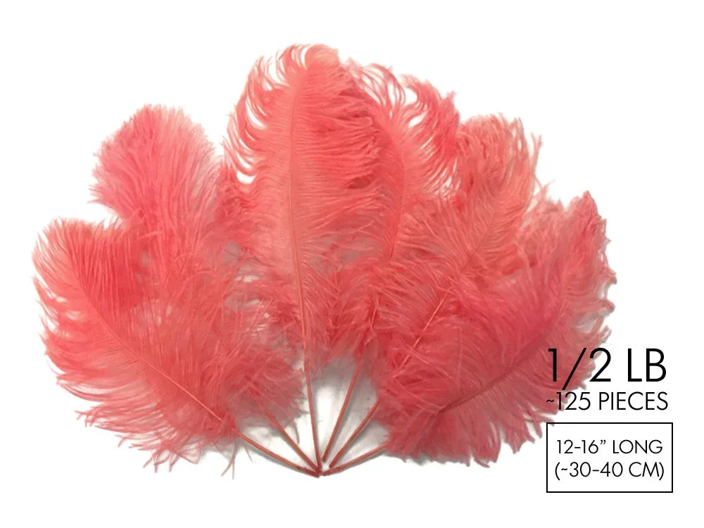 Set of 125 pink ostrich feathers for crafts and fashion decor, 12-16 inches long.