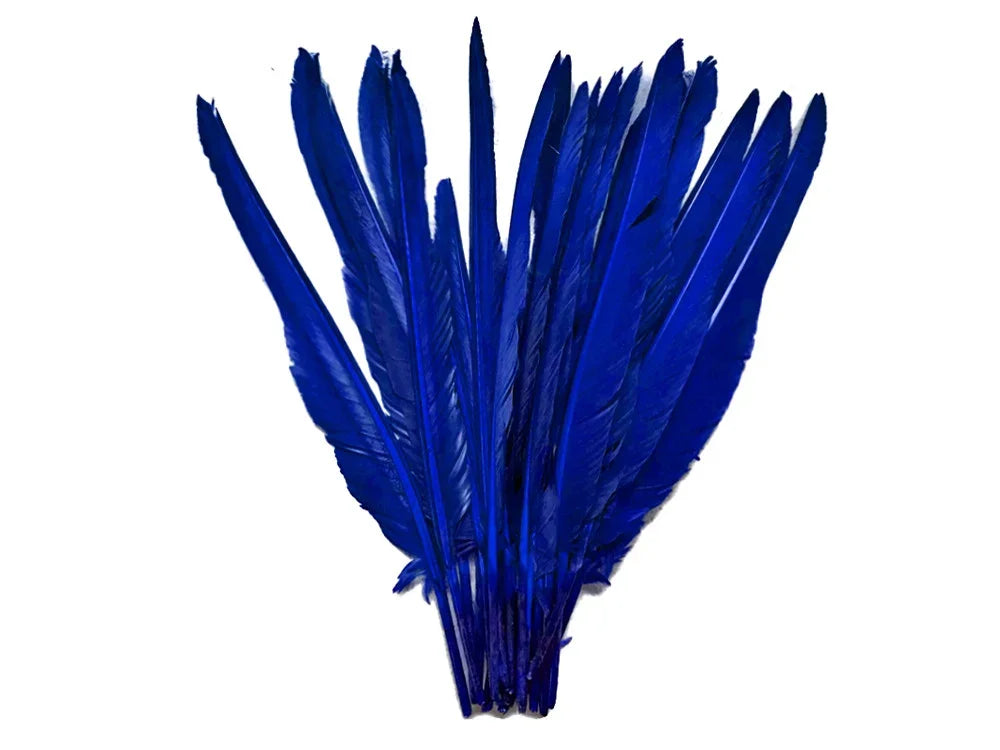 Vibrant cobalt blue feathers for DIY crafts, fashion, and costume decor.