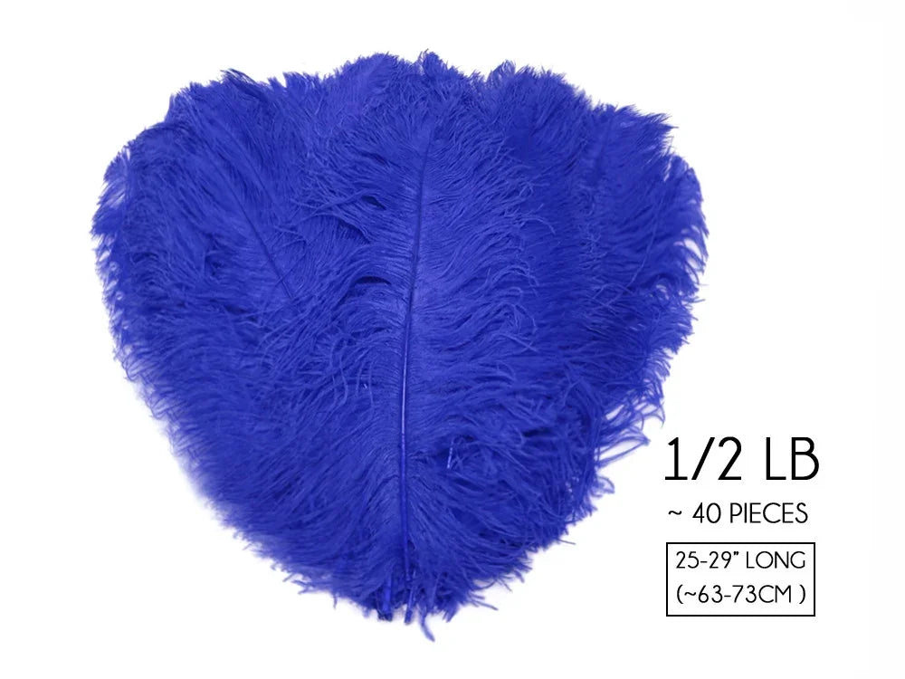 Set of 40 blue ostrich feathers, 25-29 inches long, for crafts and fashion decor.