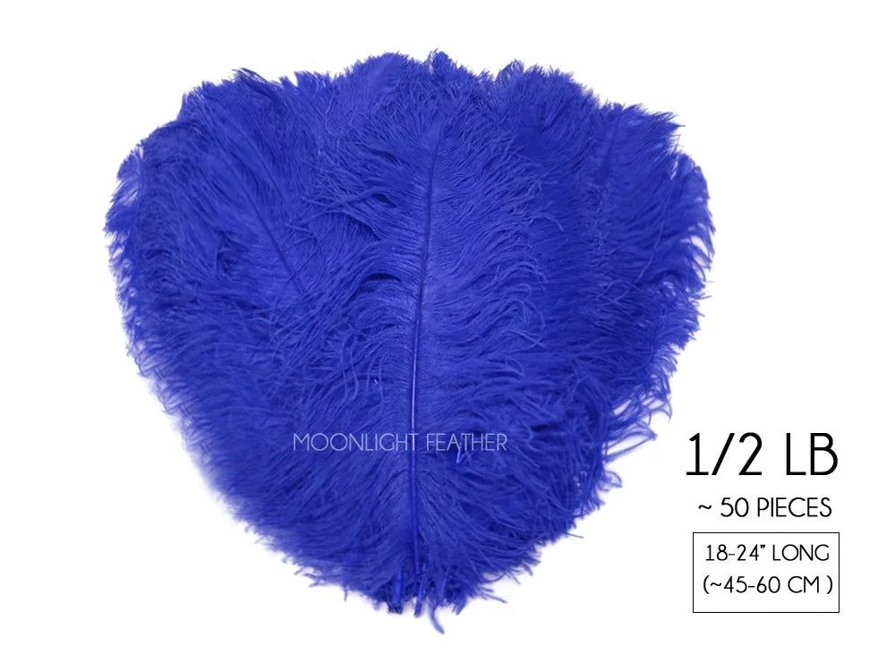 Bundle of royal blue ostrich feathers, 1/2 lb, approximately 50 pieces, 18-24 inches long.