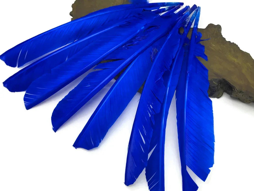 Vibrant cobalt blue feathers for DIY crafts and fashion accessories on a natural stone base.